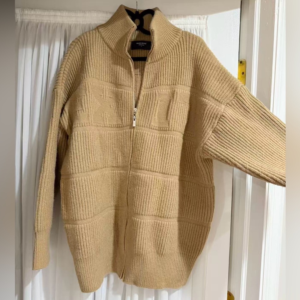 Tan Ribbed Zip-Up Sweater